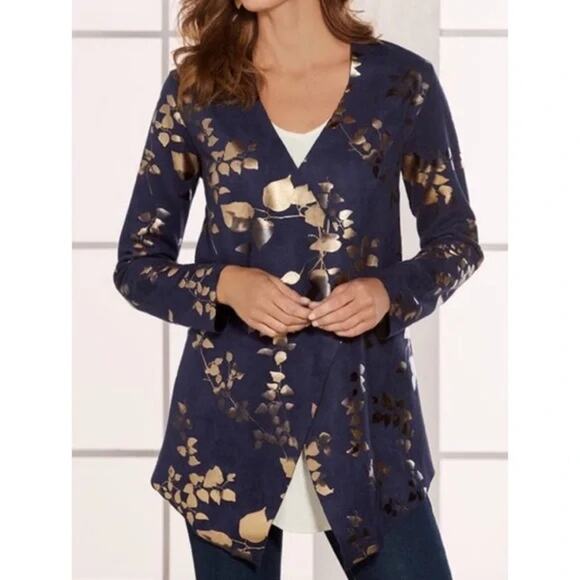 Soft Surroundings Samsara Cardi Dark Blue Gold Leaf Faux Suede Cardigan Jacket - Picture 1 of 5